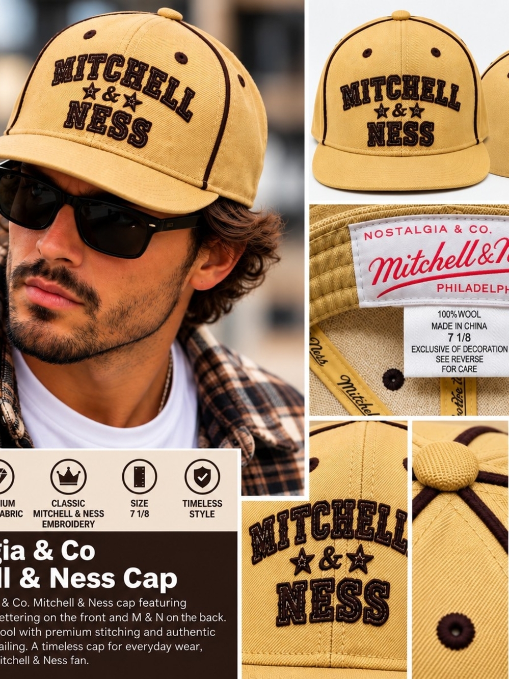 Mitchell & Ness Mustard Wool Baseball Cap with Chocolate Embroidery